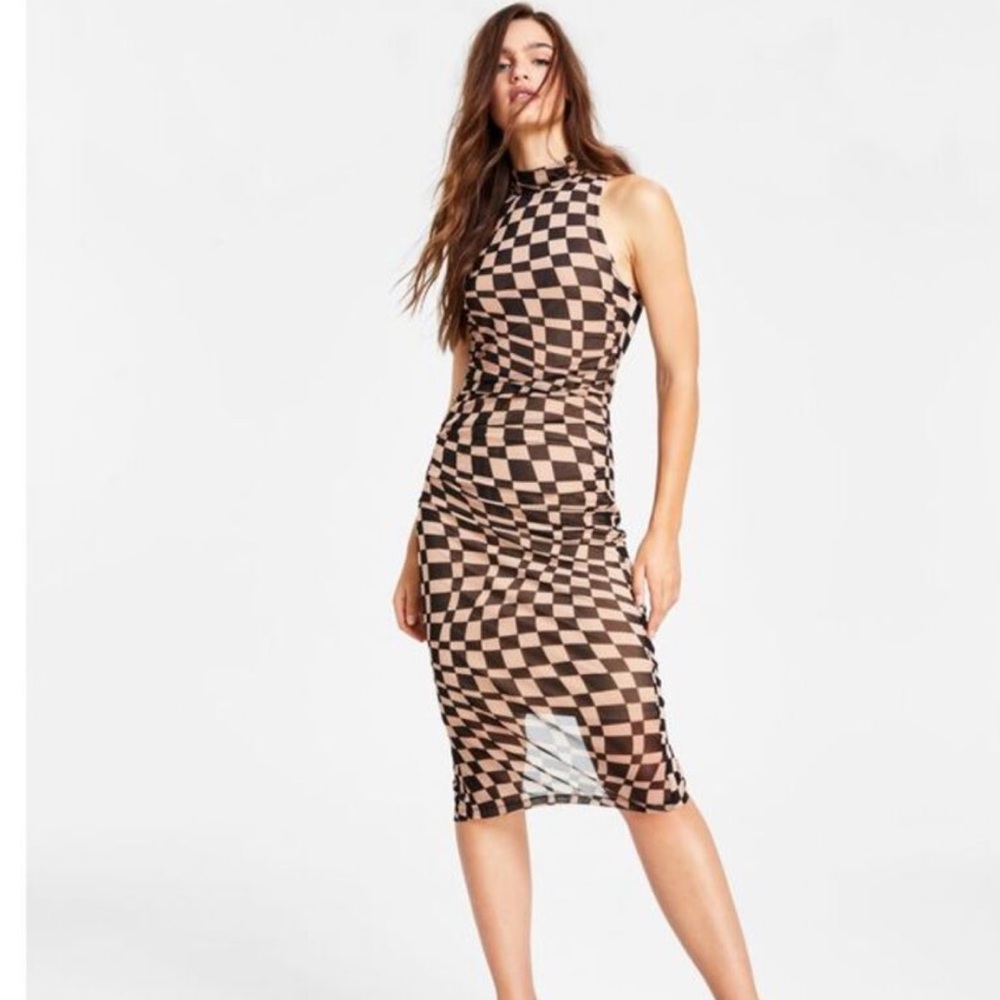 Bar III Checkerboard Midi Dress in Beige and Black